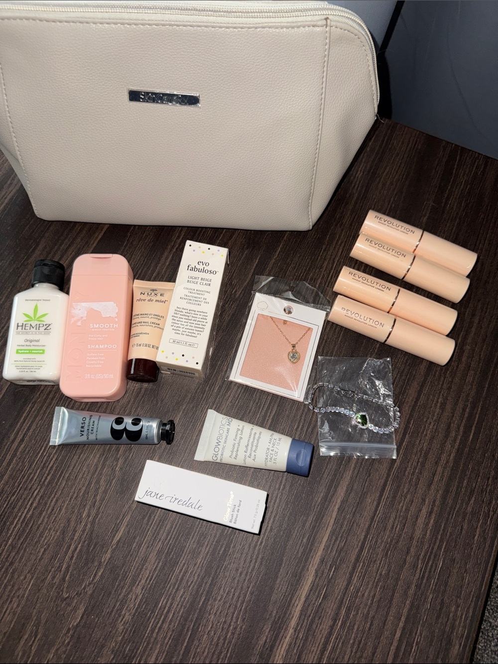 14 items Cream Cosmetic  jewelry Makeup Bag with Assorted Beauty Products